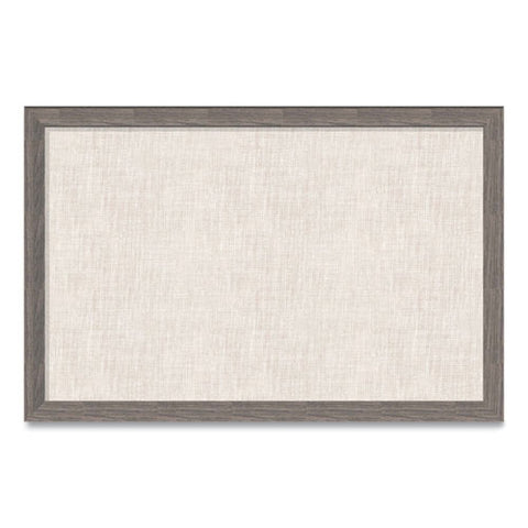 Linen Bulletin Board With Rustic Frame, 35 X 23, Beige Surface, Brown Frame