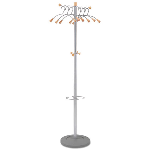 Wavy Coat Tree, Six Hangers-two Knobs-four Hooks, 18.88w X 14d X 68.5h, Silver Steel-wood