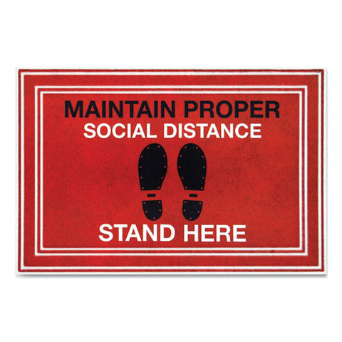 Message Floor Mats, 24 X 36, Red-black, "maintain Social Distance Stand Here"