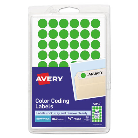 Handwrite Only Self-adhesive Removable Round Color-coding Labels, 0.5" Dia., Neon Green, 60-sheet, 14 Sheets-pack, (5052)