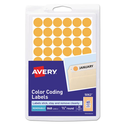 Handwrite Only Self-adhesive Removable Round Color-coding Labels, 0.5" Dia., Neon Orange, 60-sheet, 14 Sheets-pack, (5062)