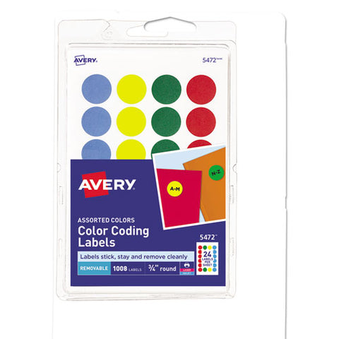 Printable Self-adhesive Removable Color-coding Labels, 0.75" Dia., Assorted Colors, 24-sheet, 42 Sheets-pack, (5472)