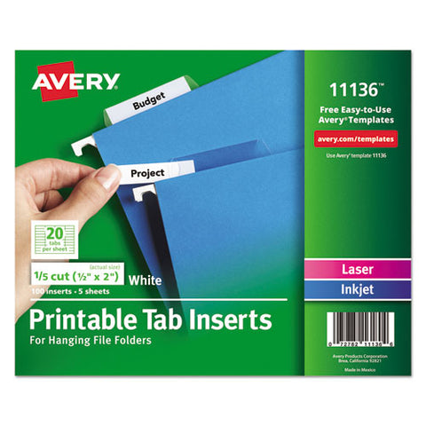 Tabs Inserts For Hanging File Folders, 1-5-cut Tabs, White, 2" Wide, 100-pack