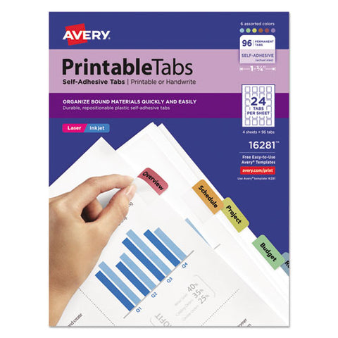 Printable Plastic Tabs With Repositionable Adhesive, 1-5-cut Tabs, Assorted Colors, 1.25" Wide, 96-pack