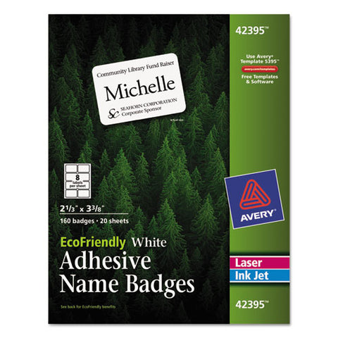 Ecofriendly Adhesive Name Badge Labels, 3.38 X 2.33, White, 160-box
