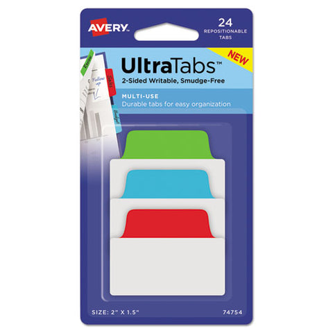 Ultra Tabs Repositionable Standard Tabs, 1-5-cut Tabs, Assorted Primary Colors, 2" Wide, 24-pack