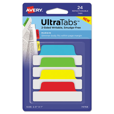 Ultra Tabs Repositionable Margin Tabs, 1-5-cut Tabs, Assorted Primary Colors, 2.5" Wide, 24-pack