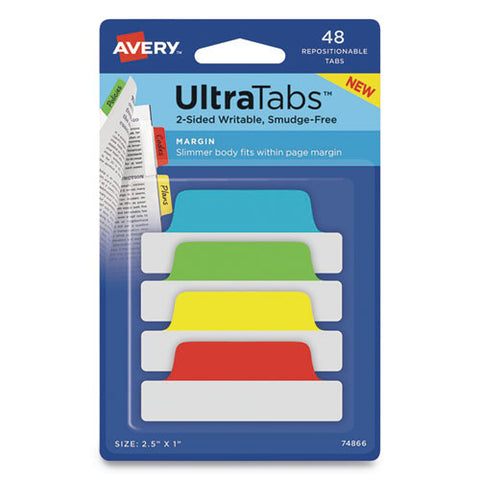Ultra Tabs Repositionable Margin Tabs, 1-5-cut Tabs, Assorted Primary Colors, 2.5" Wide, 48-pack