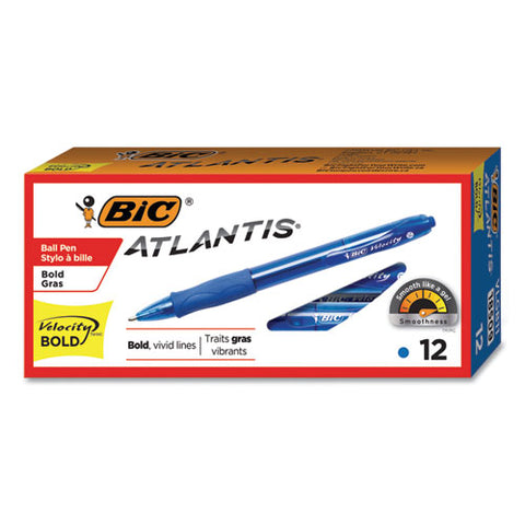 Velocity Atlantis Bold Retractable Ballpoint Pen, 1.6mm, Blue Ink, Trans-blue Barrel, Dozen