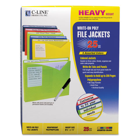 Write-on Poly File Jackets, Straight Tab, Letter Size, Assorted Colors, 25-box