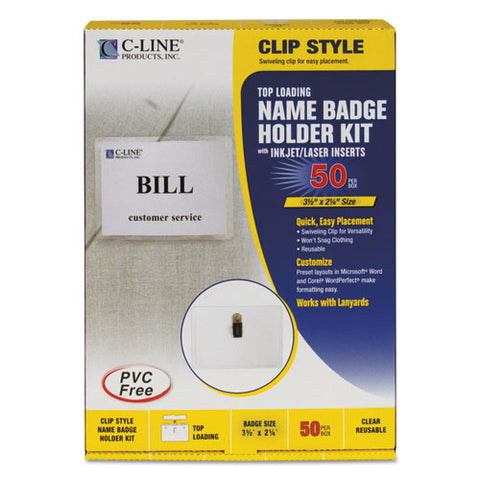 Name Badge Kits, Top Load, 3 1-2 X 2 1-4, Clear, 50-box