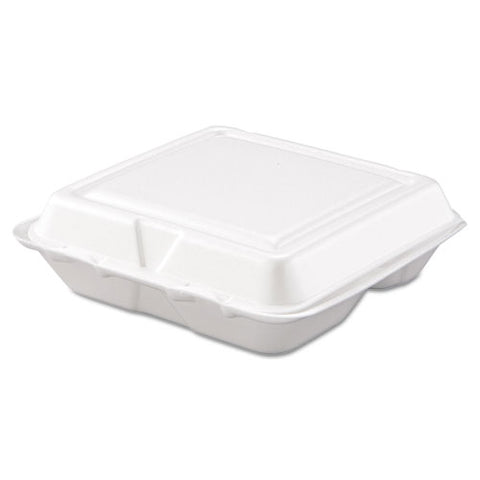 Foam Hinged Lid Containers, 3-compartment, 7.5 X 8 X 2.3, White, 200-carton
