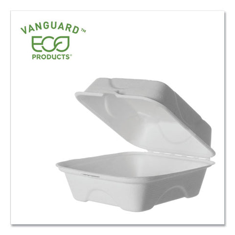 Vanguard Renewable And Compostable Sugarcane Clamshells, 6 X 6 X 3, White, 500-carton