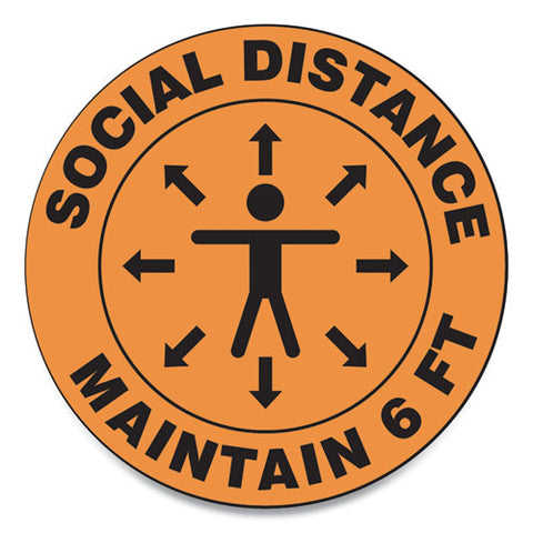 Slip-gard Social Distance Floor Signs, 12" Circle, "social Distance Maintain 6 Ft", Human-arrows, Orange, 25-pack