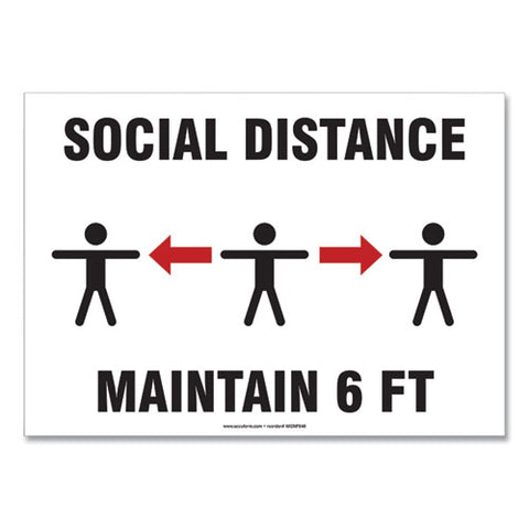 Social Distance Signs, Wall, 10 X 7, "social Distance Maintain 6 Ft", 3 Humans-arrows, White, 10-pack