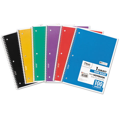 Spiral Notebook, 1 Subject, Wide-legal Rule, Assorted Color Covers, 10.5 X 7.5, 100 Sheets