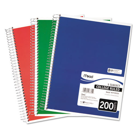 Spiral Notebook, 5 Subjects, Medium-college Rule, Assorted Color Covers, 11 X 8, 200 Sheets