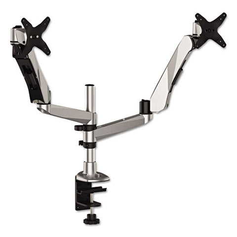Easy-adjust Desk Dual Arm Mount For 27" Monitors, 360 Deg Rotation, +90--15 Deg Tilt, 360 Deg Pan, Silver, Supports 20 Lb