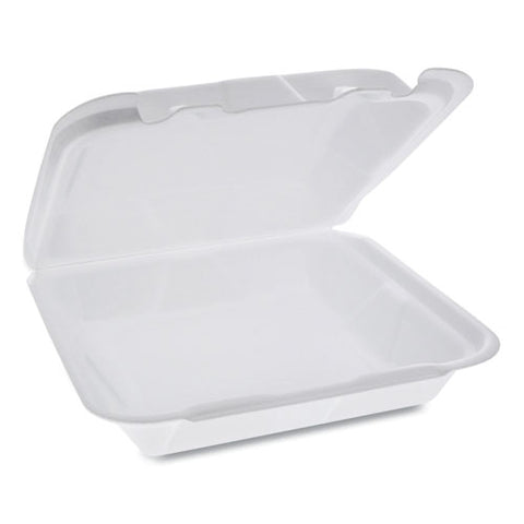 Foam Hinged Lid Containers, Dual Tab Lock Happy Face, 8 X 7.75 X 2.25, White, 200-carton