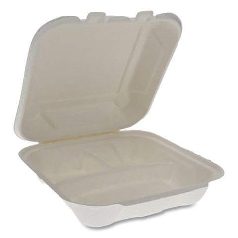 Earthchoice Bagasse Hinged Lid Container, 3-compartment, Dual Tab Lock, 7.8 X 7.8 X 2.8, Natural, 150-carton
