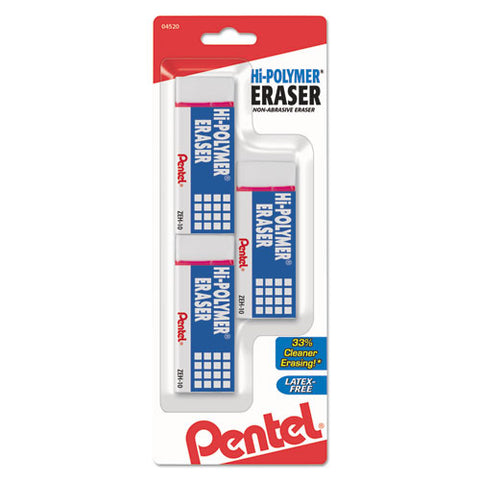 Hi-polymer Eraser, Rectangular, Medium, White, Latex-free Hi-polymer, 3-pack