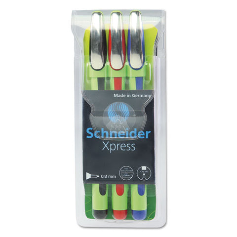 Xpress Fineliner Stick Pen, 0.8 Mm, Assorted Ink, Green Barrel, 3-pack