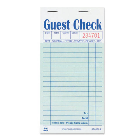 Guest Check Book, Carbon Duplicate, 3 1-2 X 6 7-10, 50-book, 50 Books-carton