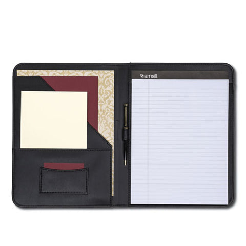 Contrast Stitch Leather Padfolio, 8 1-2 X 11, Leather, Black