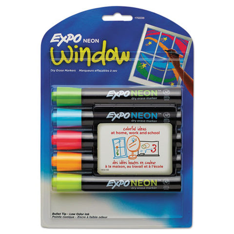 Neon Windows Dry Erase Marker, Broad Bullet Tip, Assorted Colors, 5-pack