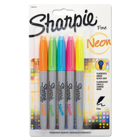 Neon Permanent Markers, Fine Bullet Tip, Assorted Colors, 5-pack