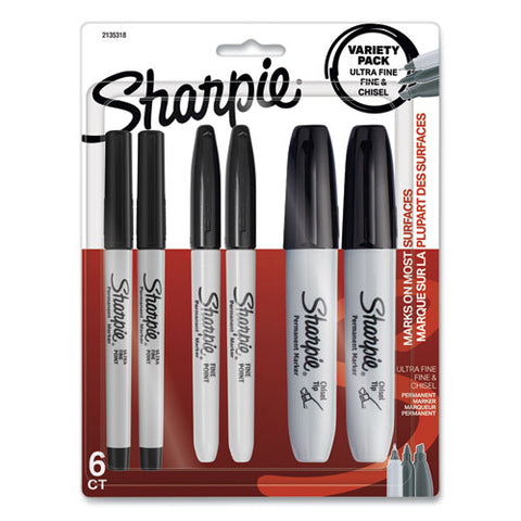 Mixed Point Size Permanent Markers, Assorted Tips, Black, 6-pack