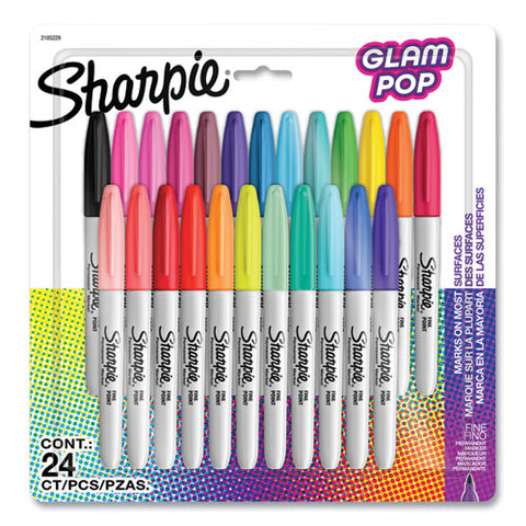 Fine Tip Permanent Marker, Fine Bullet Tip, Assorted 80s Glam Colors, 24/pack