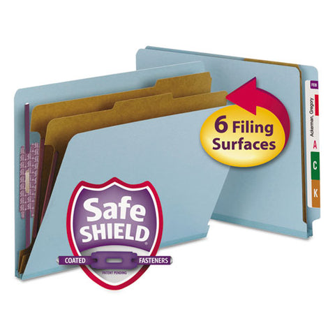 End Tab Colored Pressboard Classification Folders With Safeshield Coated Fasteners, 2 Dividers, Letter Size, Blue, 10-box