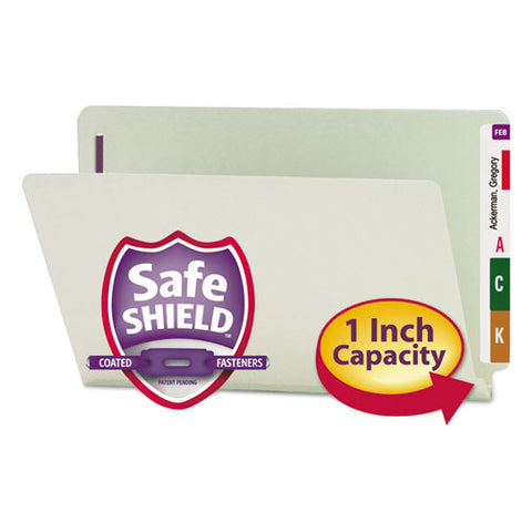 End Tab 1" Expansion Pressboard File Folders W-two Safeshield Coated Fasteners, Straight Tab, Legal Size, Gray-green, 25-box