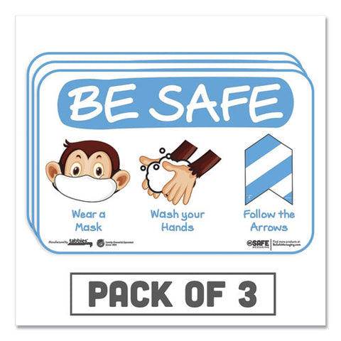 Besafe Messaging Education Wall Signs, 9 X 6, "be Safe, Wear A Mask, Wash Your Hands, Follow The Arrows", Monkey, 3-pack