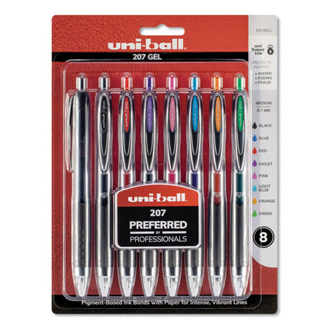 Signo 207 Retractable Gel Pen, Medium 0.7 Mm, Assorted Ink, Black Barrel, 8-set
