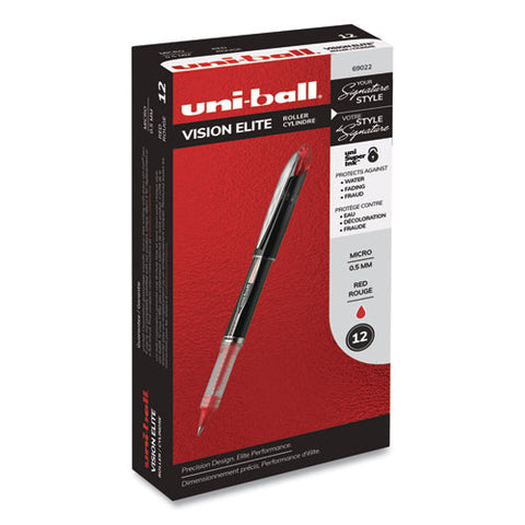 Vision Elite Stick Roller Ball Pen, Super-fine 0.5 Mm, Red Ink, Black-red Barrel