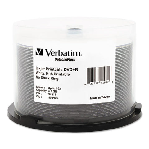 Inkjet Printable Dvd+r Discs, 4.7gb, 16x, Spindle, White, 50-pack