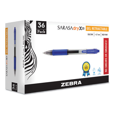 Sarasa Dry Gel X20 Retractable Gel Pen, Medium 0.7mm, Blue Ink, Translucent Blue Barrel, 36-pack