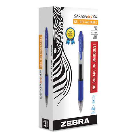 Sarasa Dry Gel X20 Retractable Gel Pen, Bold 1mm, Blue Ink, Translucent Blue Barrel, Dozen