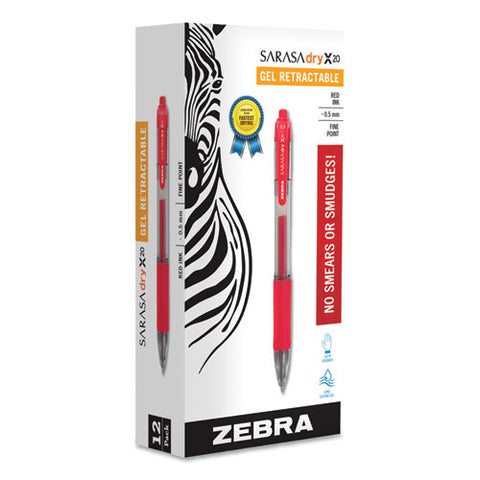 Sarasa Dry Gel X20 Retractable Gel Pen, Fine 0.5mm, Red Ink, Translucent Red Barrel, Dozen