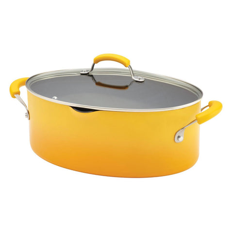 Rachael Ray Porcelain Enamel II Nonstick 8-Quart Covered Oval Pasta Pot with Pour Spout