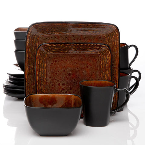 Gibson Elite Autumn Amber 16pc Square Dinnerware Set, Black/Brown