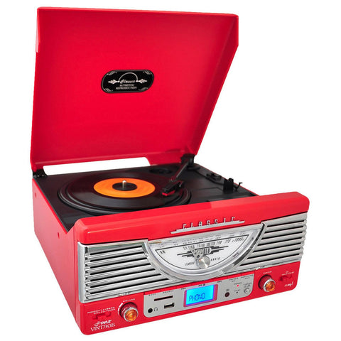 Pyle Retro Turntable with AUX Input/Radio/USB/SD/MP3 and Vinyl-to-MP3 Encoding (Red)