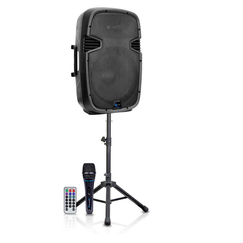 15" Two way Active Bluetooth Loudspeaker Package with Tripod, Speaker Stand & Microphone