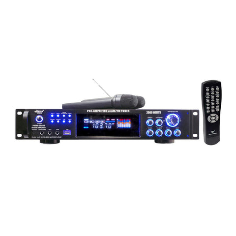 Pyle 2000 Watts Hybrid Pre-Amplifier with AM-FM Tuner/USB/Dual Wireless Mic