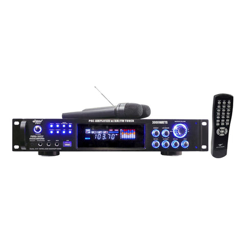 3000 Watts Hybrid Pre-Amplifier w/AM-FM Tuner/USB/Dual Wireless Mic