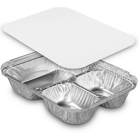 Three-compartment Oblong Food Container, 24 Oz, 6.38 X 1.47 X 8, Silver, Aluminum, 500/carton