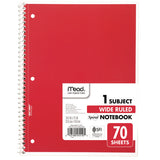 Spiral Notebook, 1-subject, Wide/legal Rule, Randomly Assorted Cover Color, (70) 8 X 10.5 Sheets, 4/pack