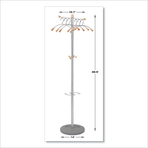 Wavy Coat Tree, Six Hangers-two Knobs-four Hooks, 18.88w X 14d X 68.5h, Silver Steel-wood